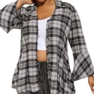 Torrid Fit & Flare Softest Flannel Tunic Women's 1X Black White Plaid Tie Back